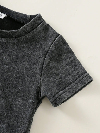 2pcs/Set Baby Boy Summer Casual Street Style Denim Knit Top And Denim Shorts Set, Infant Boy Outfit, Denim Set, T-Shirt Set, Holiday Set, Summer Set, Racing Set