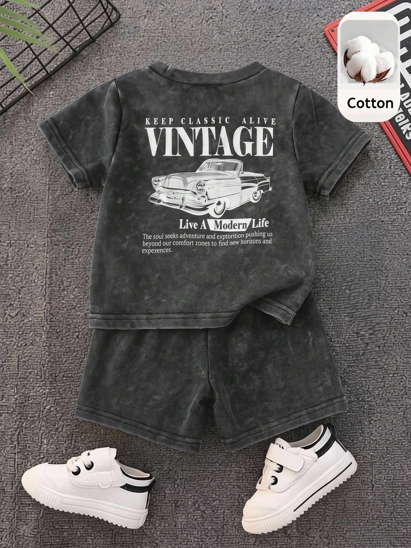 2pcs/Set Baby Boy Summer Casual Street Style Denim Knit Top And Denim Shorts Set, Infant Boy Outfit, Denim Set, T-Shirt Set, Holiday Set, Summer Set, Racing Set