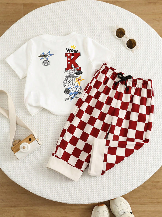 2pcs/Set Baby Boy Summer Street Style Cute Casual Knit Printed T-Shirt & Checkered Long Pants Set, Red Outfit, Streetwear Set, Infant Boy Outfit, Cute Outfit