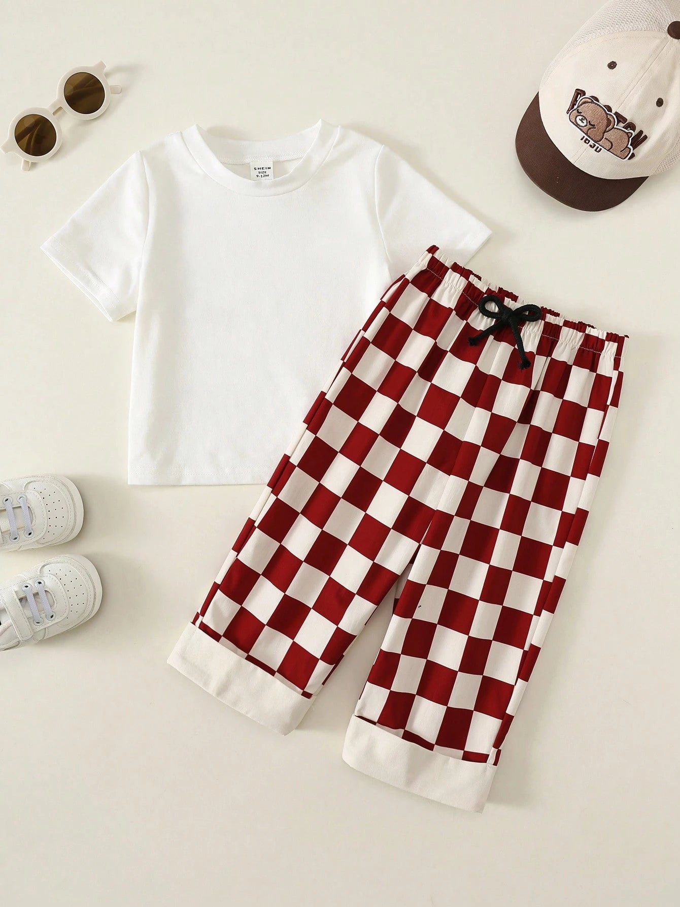 2pcs/Set Baby Boy Summer Street Style Cute Casual Knit Printed T-Shirt & Checkered Long Pants Set, Red Outfit, Streetwear Set, Infant Boy Outfit, Cute Outfit