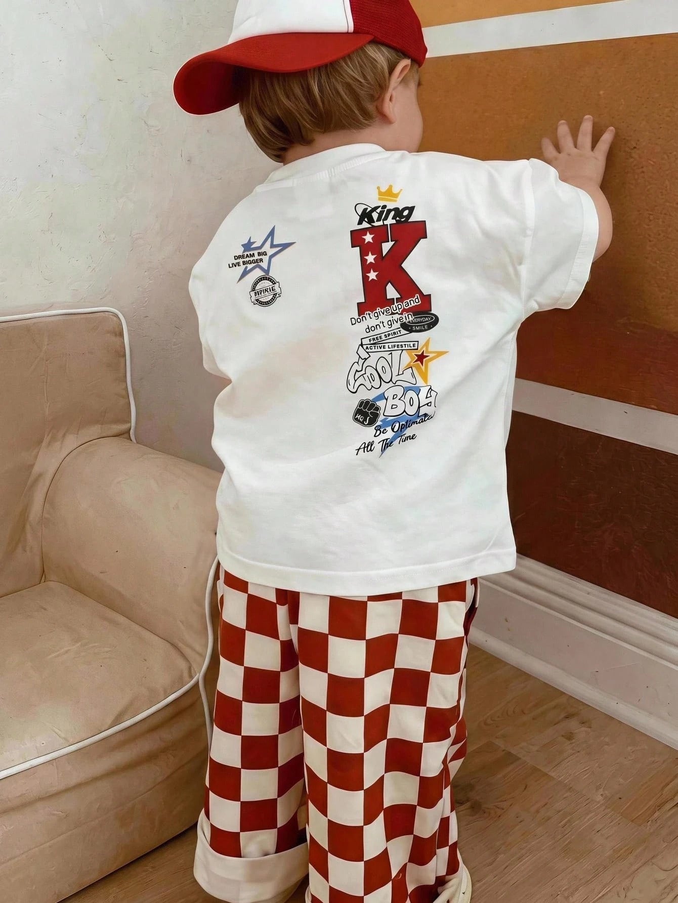 2pcs/Set Baby Boy Summer Street Style Cute Casual Knit Printed T-Shirt & Checkered Long Pants Set, Red Outfit, Streetwear Set, Infant Boy Outfit, Cute Outfit