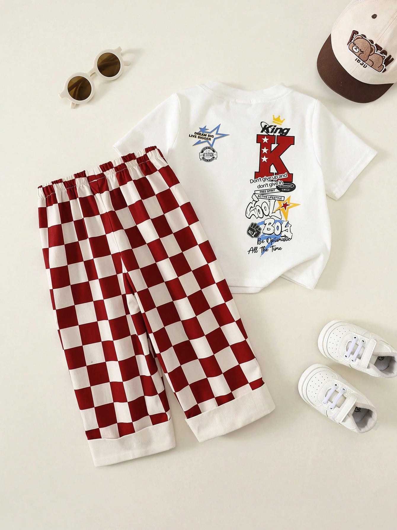 2pcs/Set Baby Boy Summer Street Style Cute Casual Knit Printed T-Shirt & Checkered Long Pants Set, Red Outfit, Streetwear Set, Infant Boy Outfit, Cute Outfit
