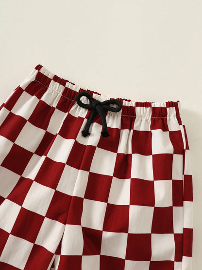 2pcs/Set Baby Boy Summer Street Style Cute Casual Knit Printed T-Shirt & Checkered Long Pants Set, Red Outfit, Streetwear Set, Infant Boy Outfit, Cute Outfit