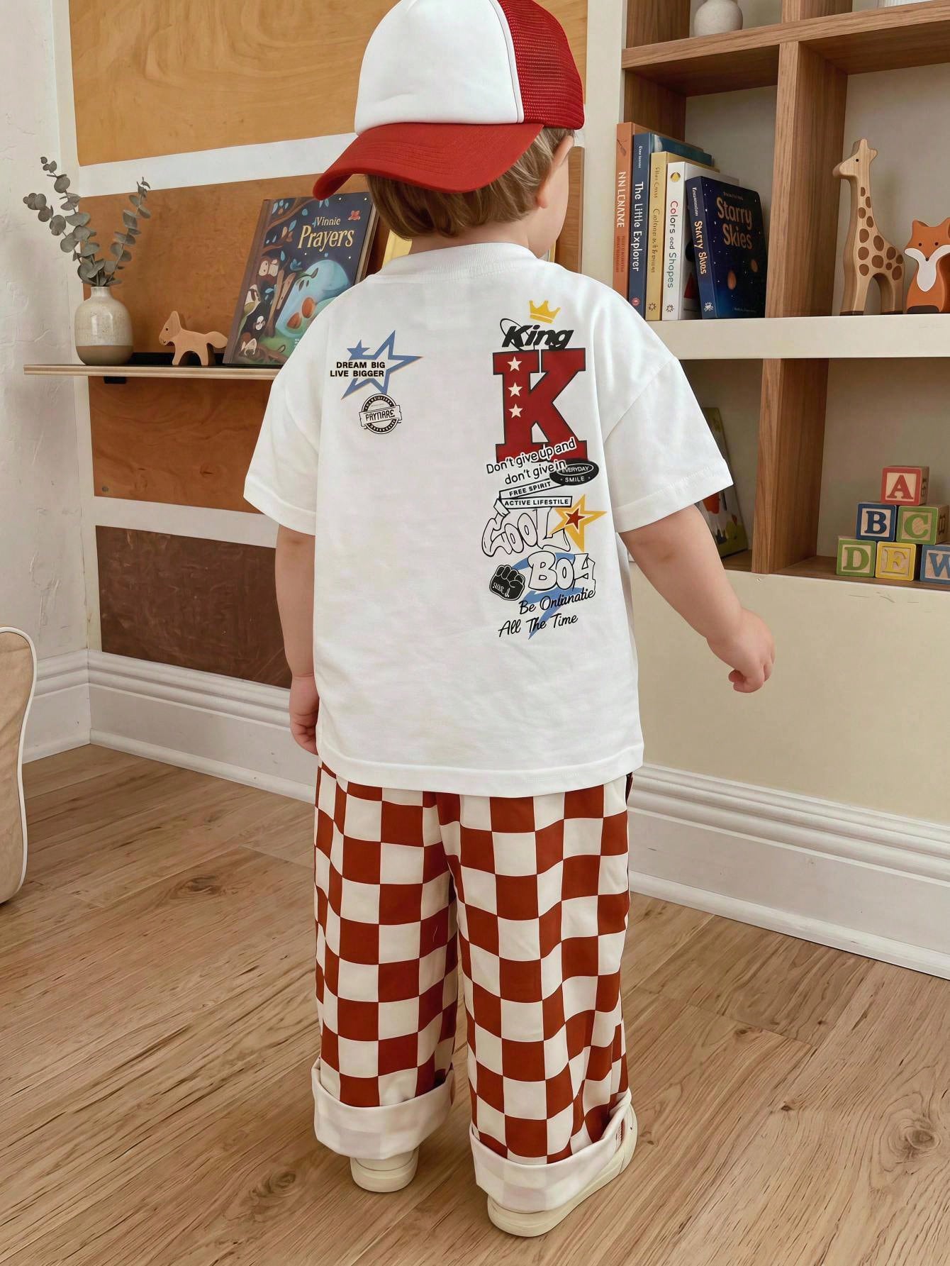 2pcs/Set Baby Boy Summer Street Style Cute Casual Knit Printed T-Shirt & Checkered Long Pants Set, Red Outfit, Streetwear Set, Infant Boy Outfit, Cute Outfit