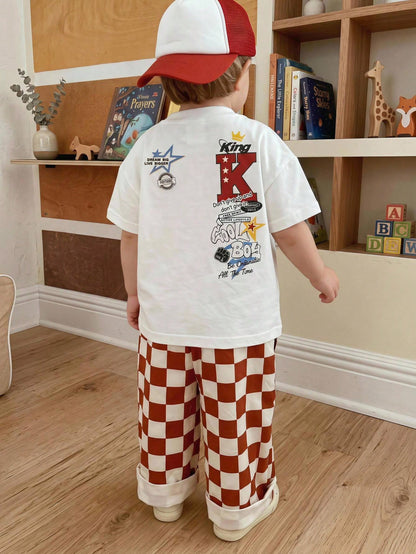 2pcs/Set Baby Boy Summer Street Style Cute Casual Knit Printed T-Shirt & Checkered Long Pants Set, Red Outfit, Streetwear Set, Infant Boy Outfit, Cute Outfit