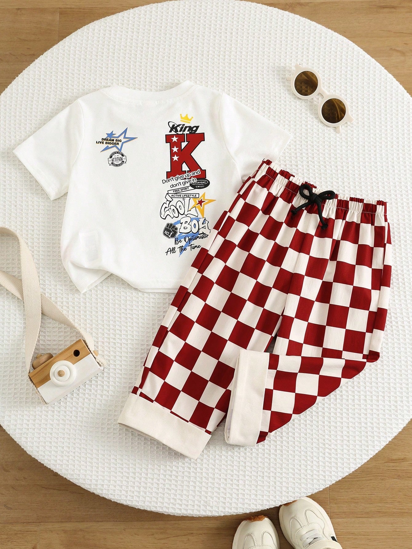 2pcs/Set Baby Boy Summer Street Style Cute Casual Knit Printed T-Shirt & Checkered Long Pants Set, Red Outfit, Streetwear Set, Infant Boy Outfit, Cute Outfit