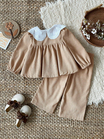 2pcs/Set Baby Girl Newborn 0-3 Years Old Casual Cute Family Matching Photoshoot Knitted Peter Pan Collar Shirt And Corduroy White Embroidered Outfit