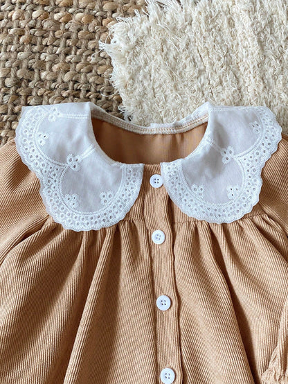 2pcs/Set Baby Girl Newborn 0-3 Years Old Casual Cute Family Matching Photoshoot Knitted Peter Pan Collar Shirt And Corduroy White Embroidered Outfit