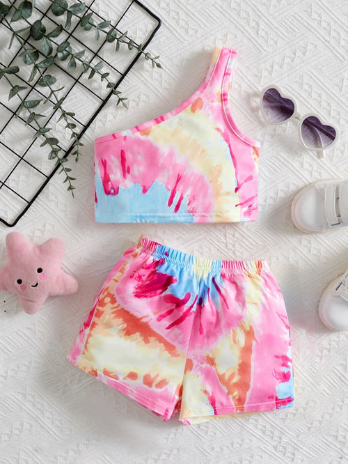 2pcs/Set Baby Girl Round Neck Short Sleeve Top And Elastic Waist Shorts, Suitable For Summer