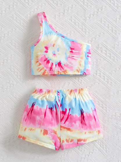 2pcs/Set Baby Girl Round Neck Short Sleeve Top And Elastic Waist Shorts, Suitable For Summer