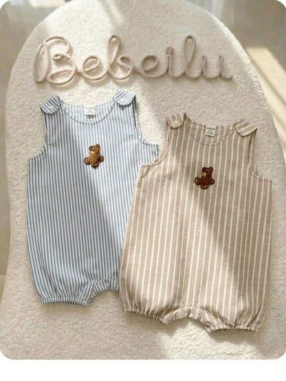 2pcs/Set Newborn Baby Boys Cute Poplin Solid Color Vest & Overall, Summer