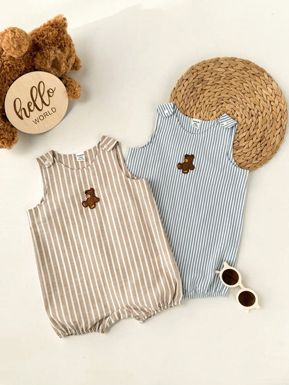 2pcs/Set Newborn Baby Boys Cute Poplin Solid Color Vest & Overall, Summer