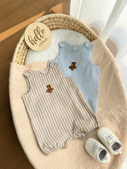 2pcs/Set Newborn Baby Boys Cute Poplin Solid Color Vest & Overall, Summer