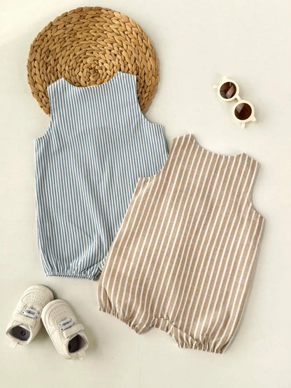 2pcs/Set Newborn Baby Boys Cute Poplin Solid Color Vest & Overall, Summer