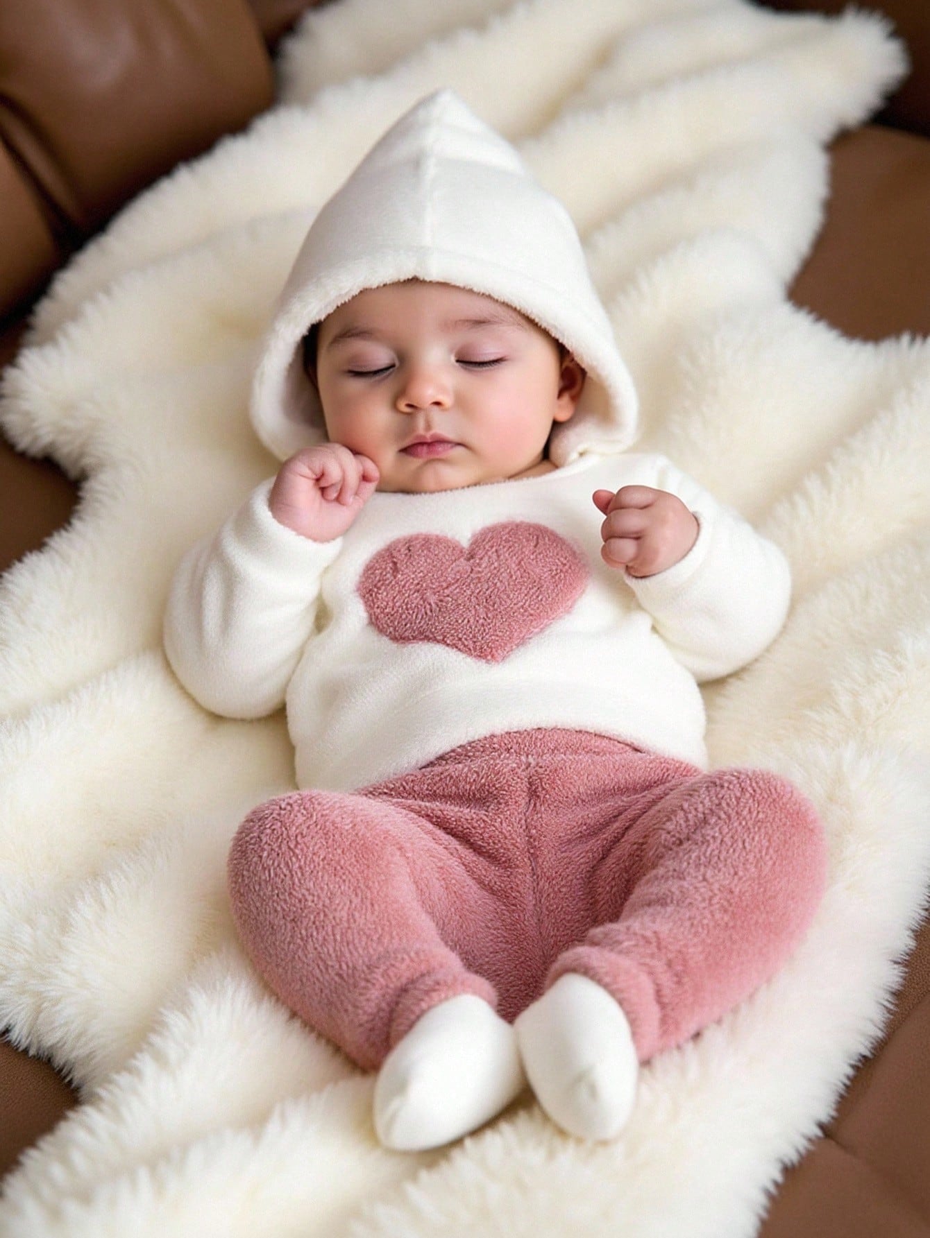 2pcs/Set Newborn Girls' Warm Heart Embroidery Fleece Outfits Hooded Sweatshirt And Pants Outfit For Autumn/ Off-White Dusty Pink Cute Western