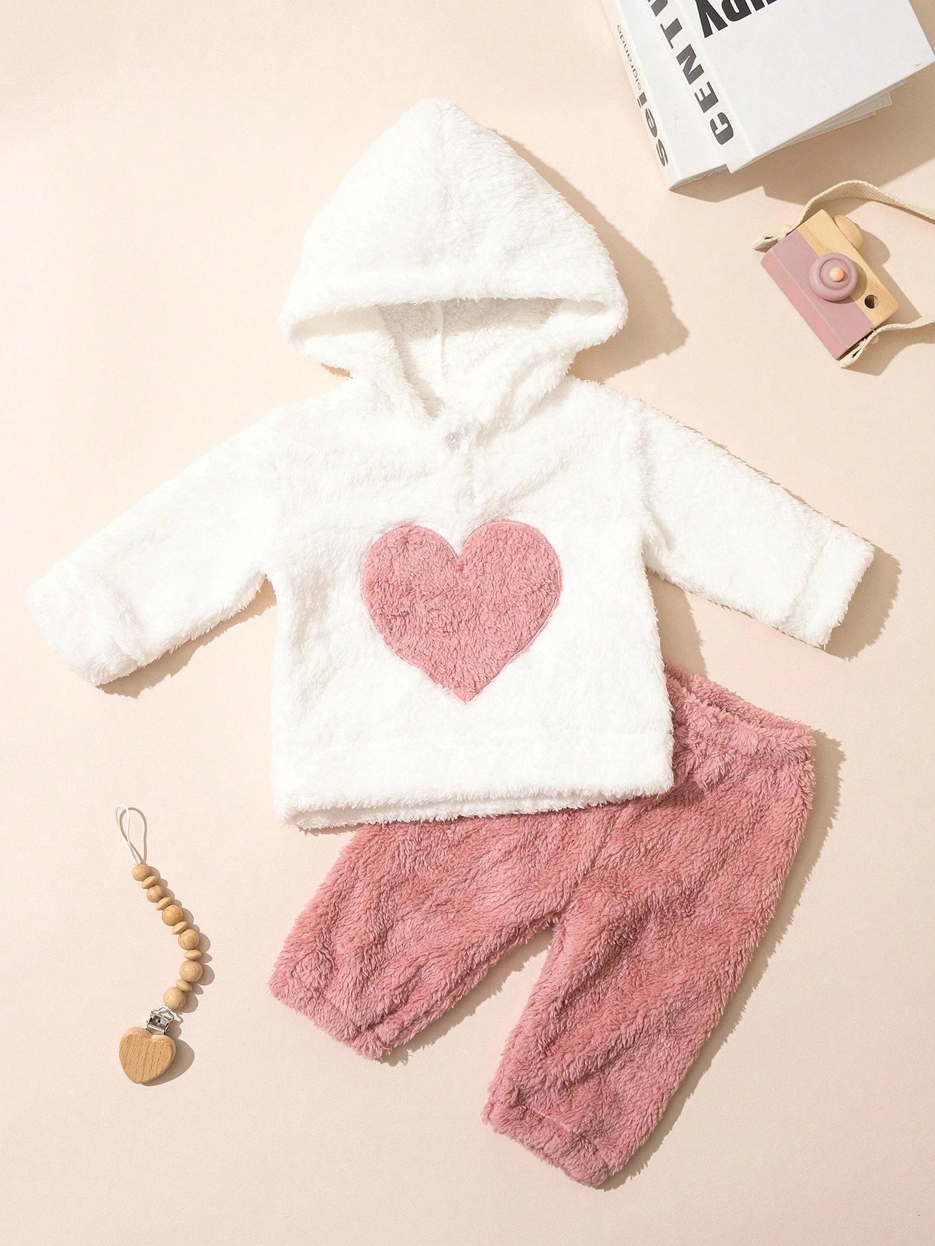 2pcs/Set Newborn Girls' Warm Heart Embroidery Fleece Outfits Hooded Sweatshirt And Pants Outfit For Autumn/ Off-White Dusty Pink Cute Western