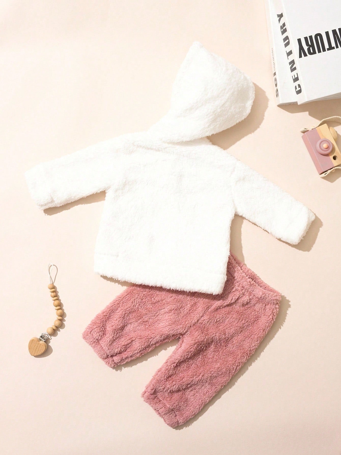 2pcs/Set Newborn Girls' Warm Heart Embroidery Fleece Outfits Hooded Sweatshirt And Pants Outfit For Autumn/ Off-White Dusty Pink Cute Western