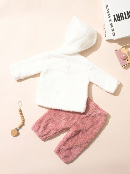 2pcs/Set Newborn Girls' Warm Heart Embroidery Fleece Outfits Hooded Sweatshirt And Pants Outfit For Autumn/ Off-White Dusty Pink Cute Western