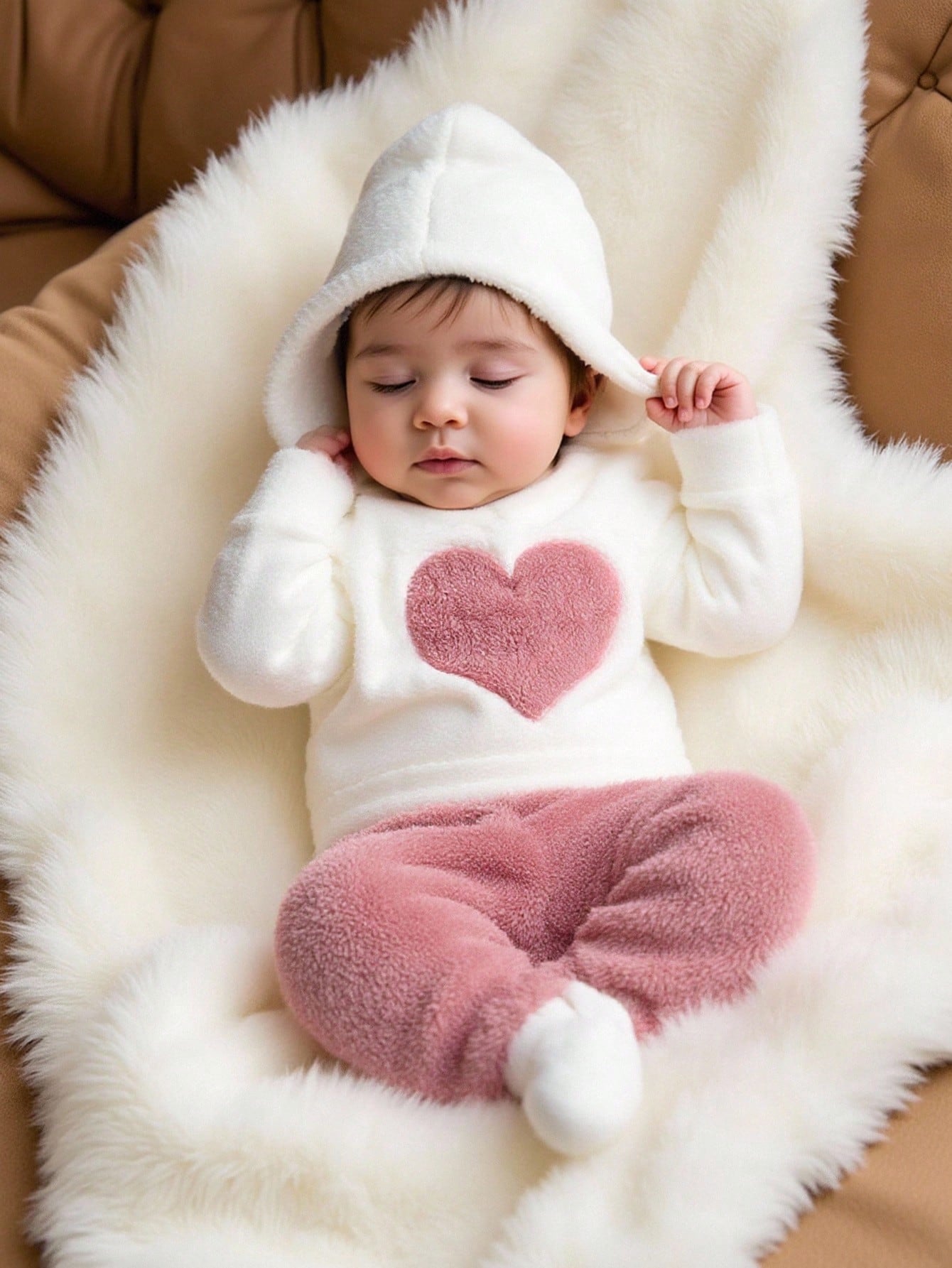 2pcs/Set Newborn Girls' Warm Heart Embroidery Fleece Outfits Hooded Sweatshirt And Pants Outfit For Autumn/ Off-White Dusty Pink Cute Western