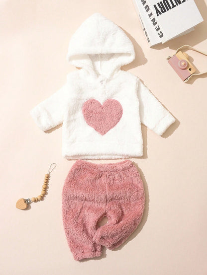 2pcs/Set Newborn Girls' Warm Heart Embroidery Fleece Outfits Hooded Sweatshirt And Pants Outfit For Autumn/ Off-White Dusty Pink Cute Western