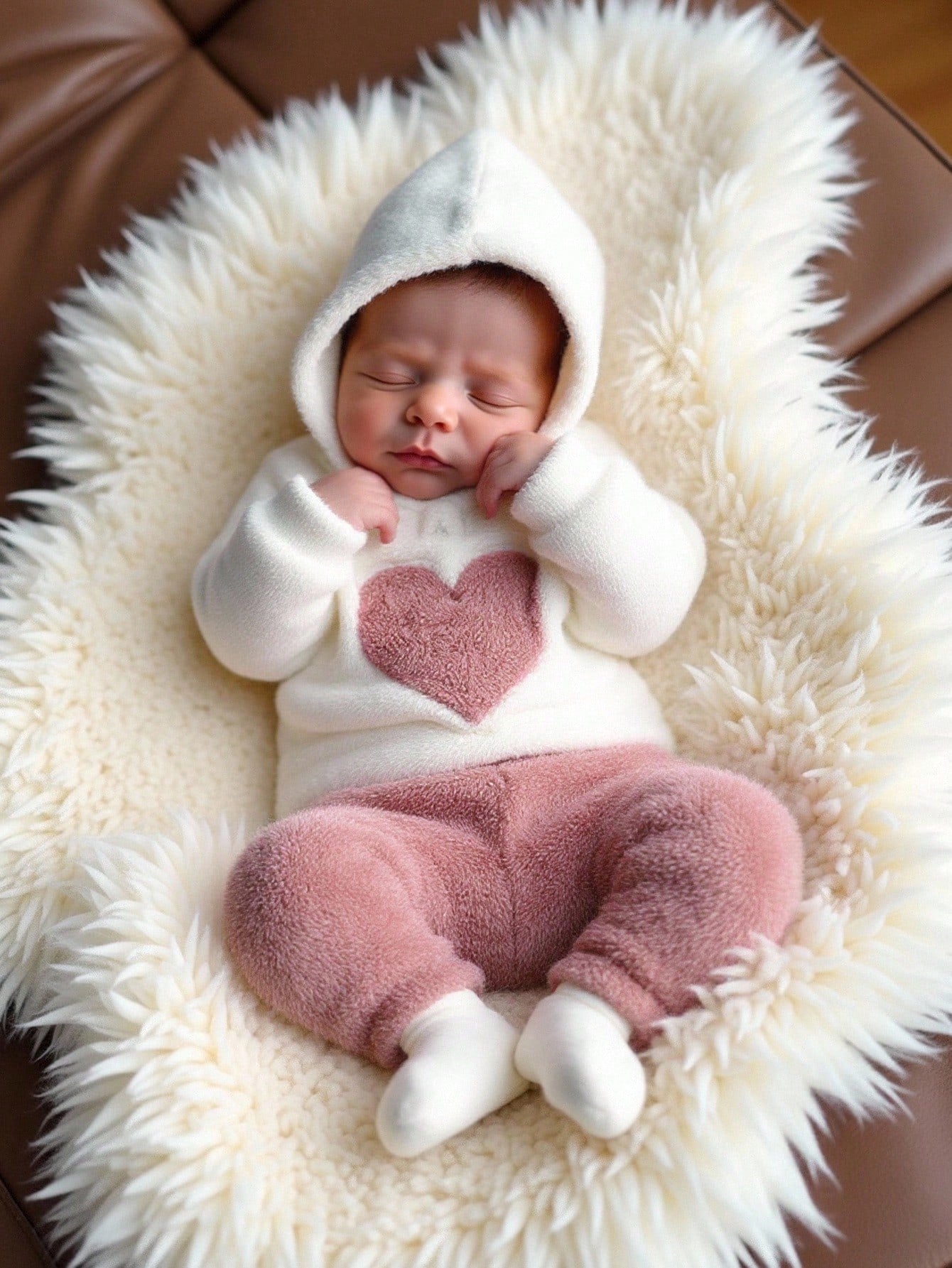 2pcs/Set Newborn Girls' Warm Heart Embroidery Fleece Outfits Hooded Sweatshirt And Pants Outfit For Autumn/ Off-White Dusty Pink Cute Western