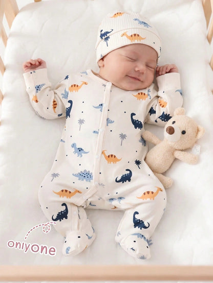 2pcs/Set Newborn Home Jumpsuit, Long Sleeve Off-White Soft Comfortable Autumn Cute Funny Graphic