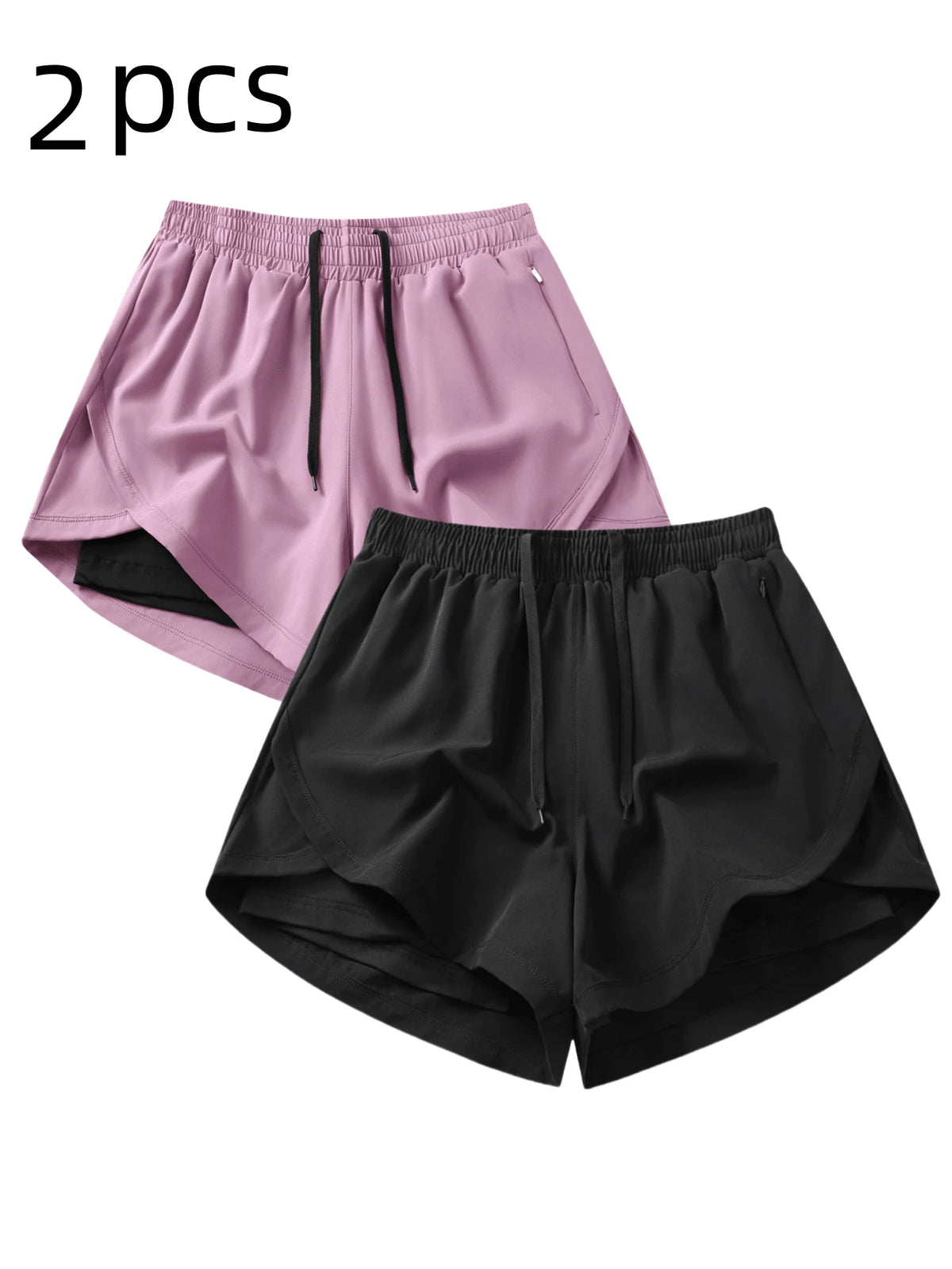 2pcs/Set Women's Sports Shorts| Quick-Dry Polyester & Spandex Blend| Breathable, Lightweight| Adjustable Drawstring Waistband| Suitable For Fitness And Casual Wear| Machine Washable| Multi-Seaso