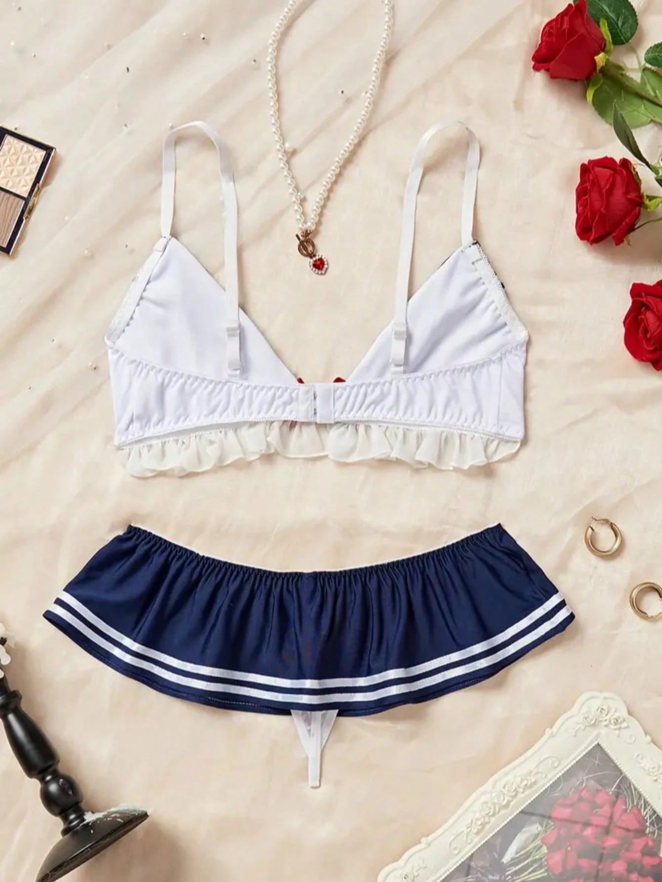 2pcs Sexy Nautical Style Lingerie Set- Ruffled Details, Bow Accent, Underwire Bra And Panty, Suitable For Intimate Role Play Spring White