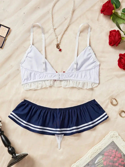 2pcs Sexy Nautical Style Lingerie Set- Ruffled Details, Bow Accent, Underwire Bra And Panty, Suitable For Intimate Role Play Spring White