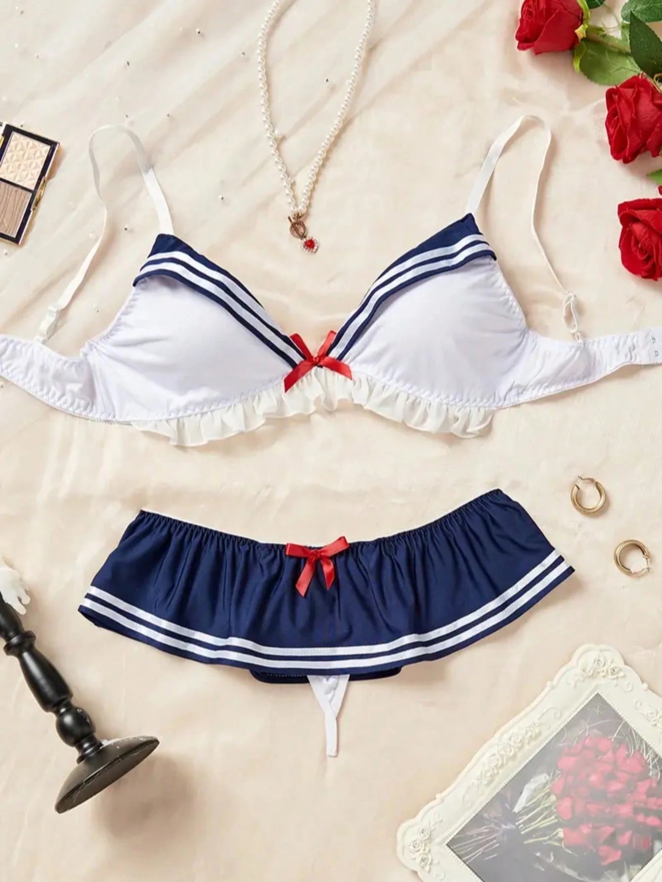 2pcs Sexy Nautical Style Lingerie Set- Ruffled Details, Bow Accent, Underwire Bra And Panty, Suitable For Intimate Role Play Spring White