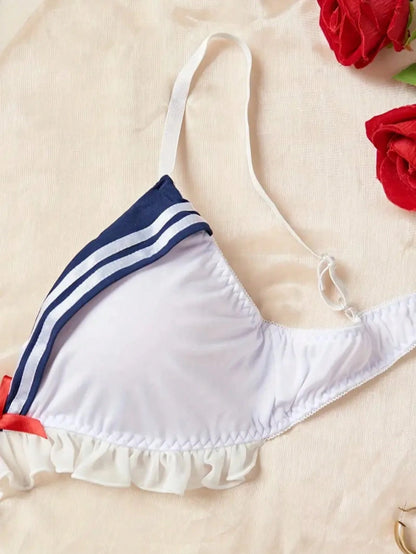 2pcs Sexy Nautical Style Lingerie Set- Ruffled Details, Bow Accent, Underwire Bra And Panty, Suitable For Intimate Role Play Spring White