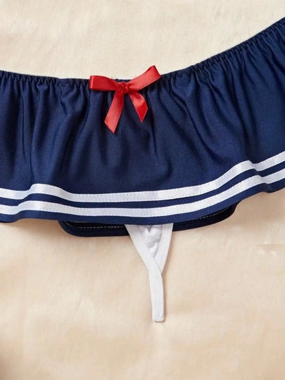 2pcs Sexy Nautical Style Lingerie Set- Ruffled Details, Bow Accent, Underwire Bra And Panty, Suitable For Intimate Role Play Spring White