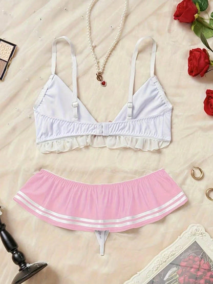 2pcs Sexy Nautical Style Lingerie Set- Ruffled Details, Bow Accent, Underwire Bra And Panty, Suitable For Intimate Role Play Spring White