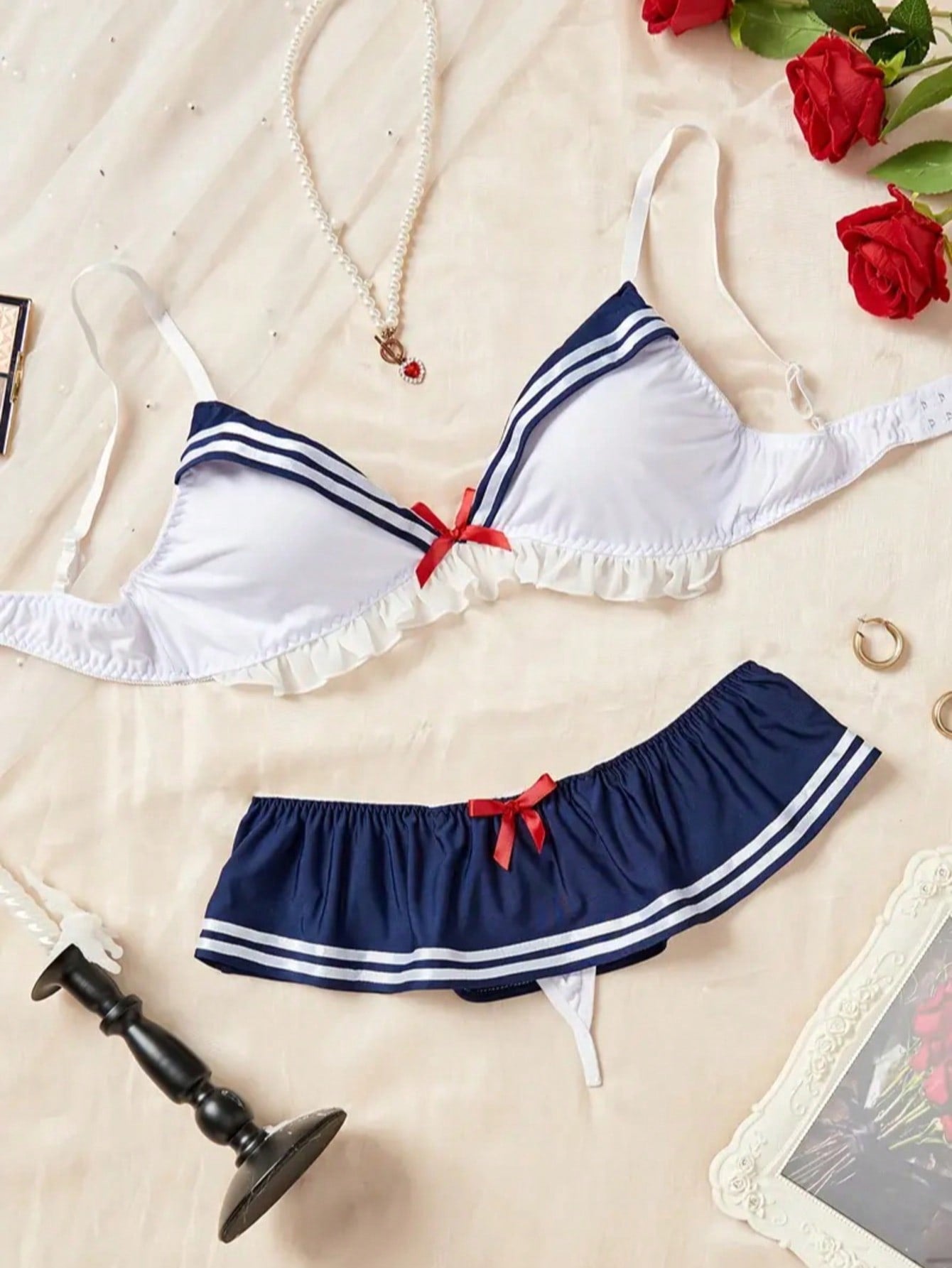 2pcs Sexy Nautical Style Lingerie Set- Ruffled Details, Bow Accent, Underwire Bra And Panty, Suitable For Intimate Role Play Spring White