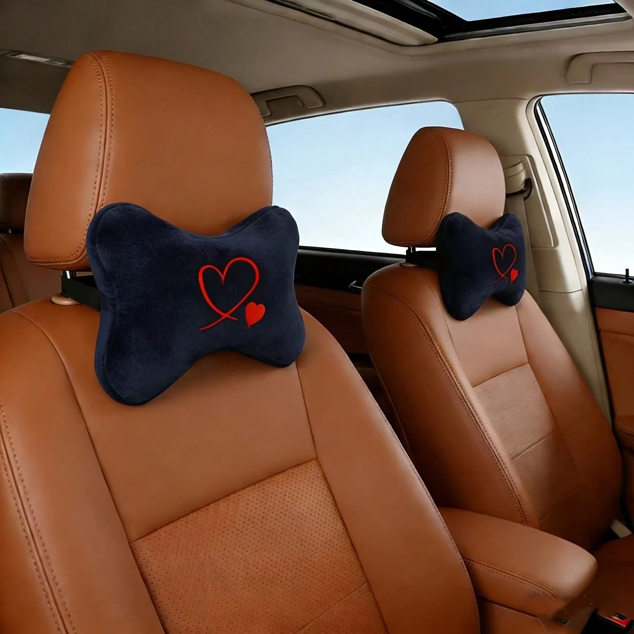 2pcs Soft Comfortable Car Neck Pillows With Red Heart Pattern, Car Neck Support Cushion, All-Season Car Seat Headrest, Plush Car Interior Accessories, Car Pillow, Car Seat Cushion