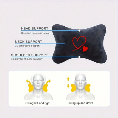 2pcs Soft Comfortable Car Neck Pillows With Red Heart Pattern, Car Neck Support Cushion, All-Season Car Seat Headrest, Plush Car Interior Accessories, Car Pillow, Car Seat Cushion