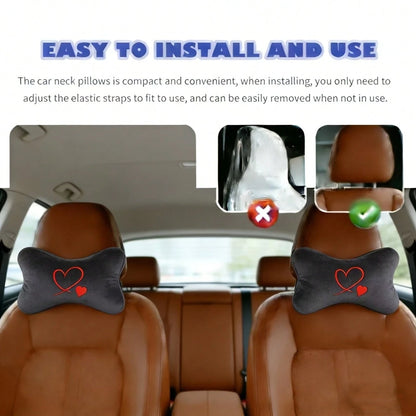 2pcs Soft Comfortable Car Neck Pillows With Red Heart Pattern, Car Neck Support Cushion, All-Season Car Seat Headrest, Plush Car Interior Accessories, Car Pillow, Car Seat Cushion