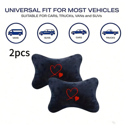 2pcs Soft Comfortable Car Neck Pillows With Red Heart Pattern, Car Neck Support Cushion, All-Season Car Seat Headrest, Plush Car Interior Accessories, Car Pillow, Car Seat Cushion