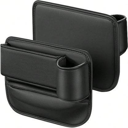 2pcs Upgrade Car Seat Gap Filler Organizer With Cup Holder, Universal Multifunctional Leather Adjustable Front Seat Storage Box And Car Side Pocket Organizer For Holding Phone, Sunglasses, Key (Black)