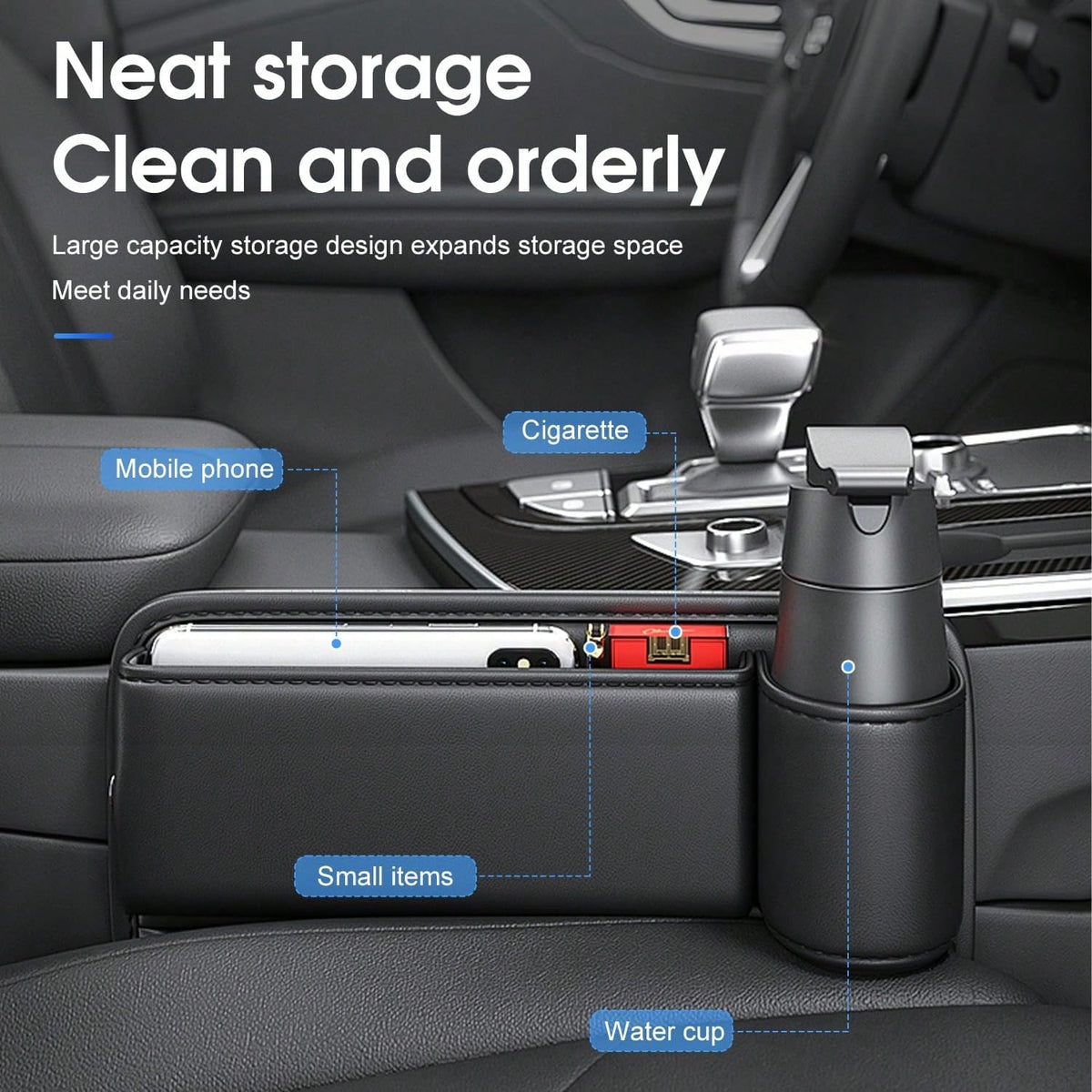 2pcs Upgrade Car Seat Gap Filler Organizer With Cup Holder, Universal Multifunctional Leather Adjustable Front Seat Storage Box And Car Side Pocket Organizer For Holding Phone, Sunglasses, Key (Black)