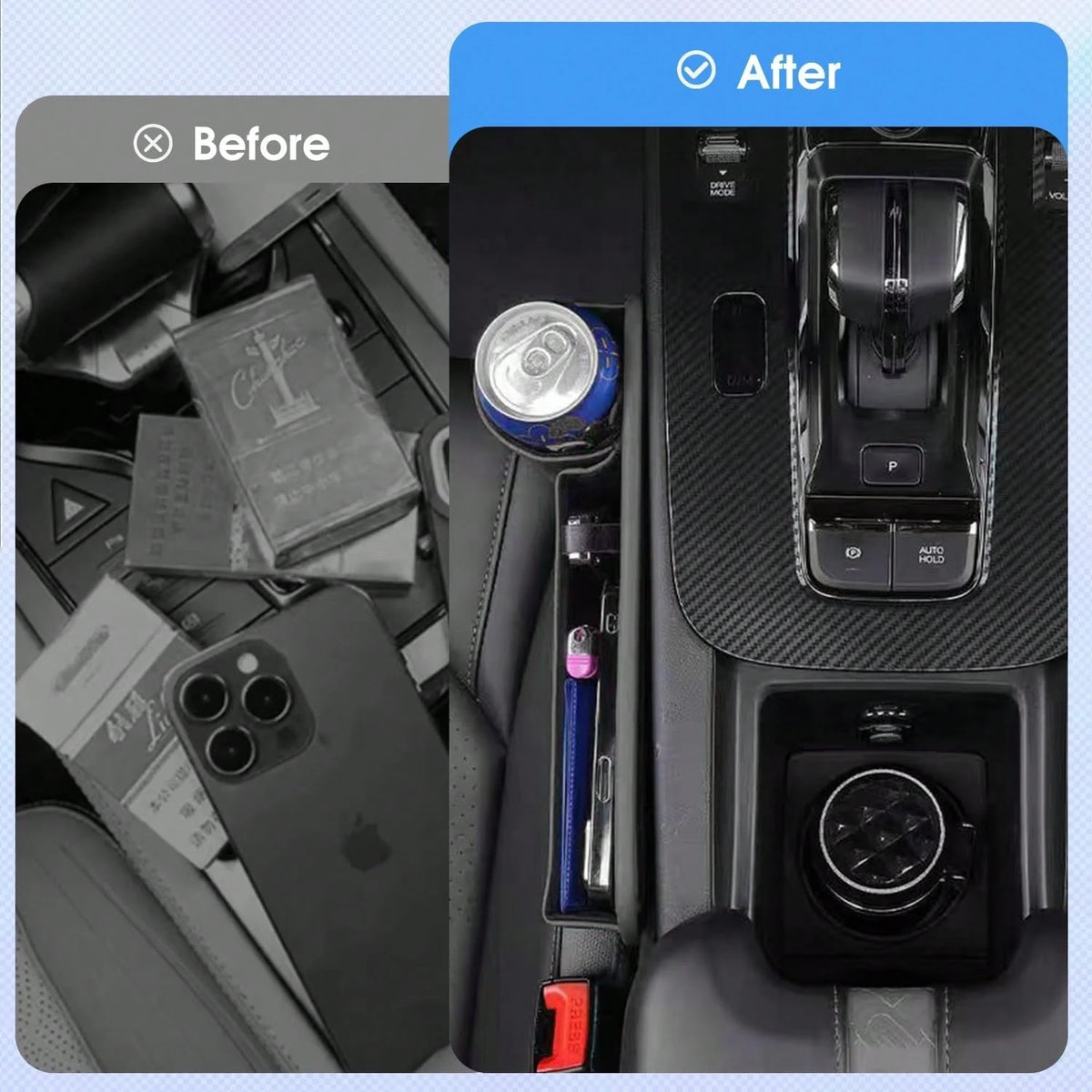 2pcs Upgrade Car Seat Gap Filler Organizer With Cup Holder, Universal Multifunctional Leather Adjustable Front Seat Storage Box And Car Side Pocket Organizer For Holding Phone, Sunglasses, Key (Black)
