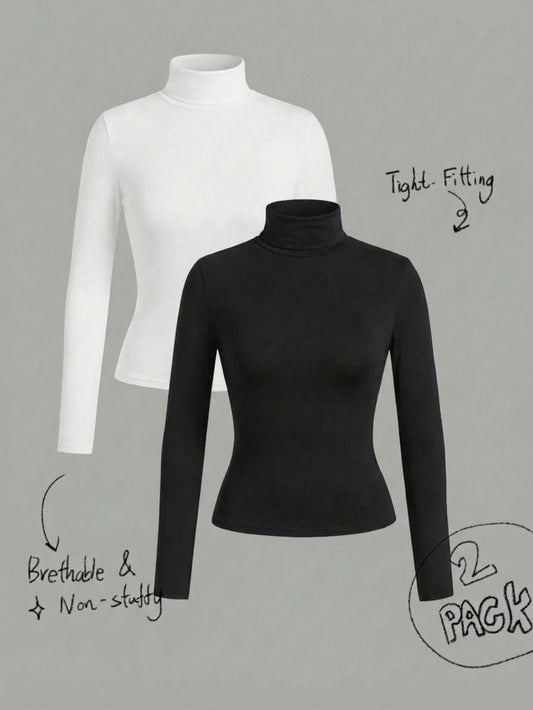 2pcs Women's Casual High Neck Slim Fit Long Sleeve T-Shirts, Suitable For Daily Wear, Autumn Winter Spring Basic Tops, Women's Winter Tops Set