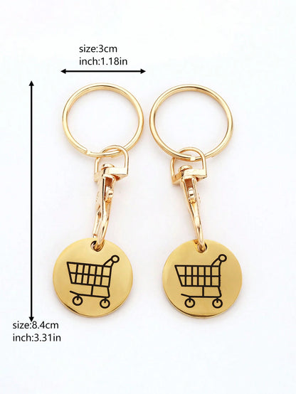 2pcs Women's Creative Shopping Cart Logo Keychain Stainless Steel Round Euro-American Supermarket Hand-Pushed Shopping Cart Coin Metal Token Key Chain Female Gift Bag Pendant Key Chain Charms Keyrings