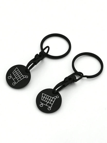 2pcs Women's Creative Shopping Cart Logo Keychain Stainless Steel Round Euro-American Supermarket Hand-Pushed Shopping Cart Coin Metal Token Key Chain Female Gift Bag Pendant Key Chain Charms Keyrings