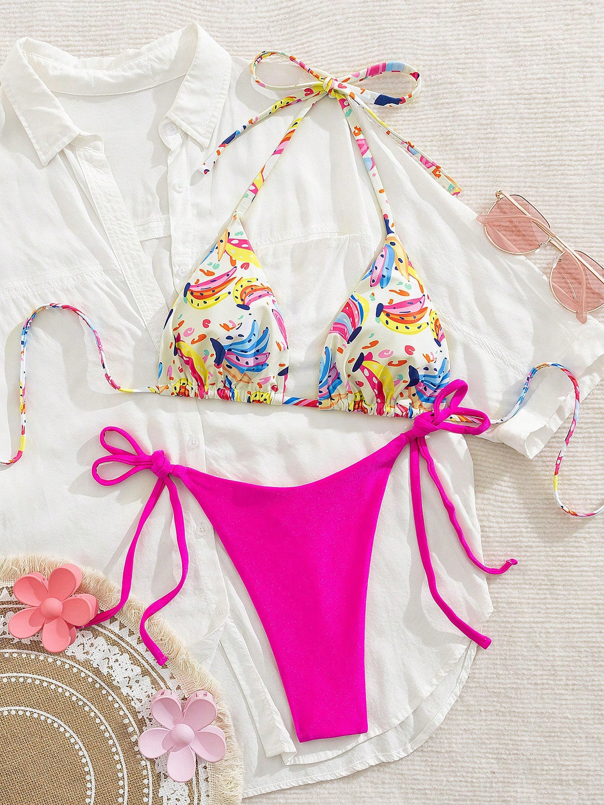 2PCS Women Summer Beach Pattern Print Halter Tie Sexy Thong Bikini Set Vacation