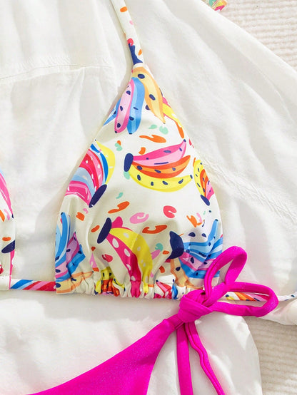 2PCS Women Summer Beach Pattern Print Halter Tie Sexy Thong Bikini Set Vacation
