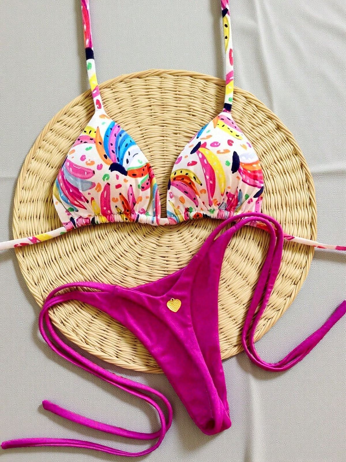 2PCS Women Summer Beach Pattern Print Halter Tie Sexy Thong Bikini Set Vacation