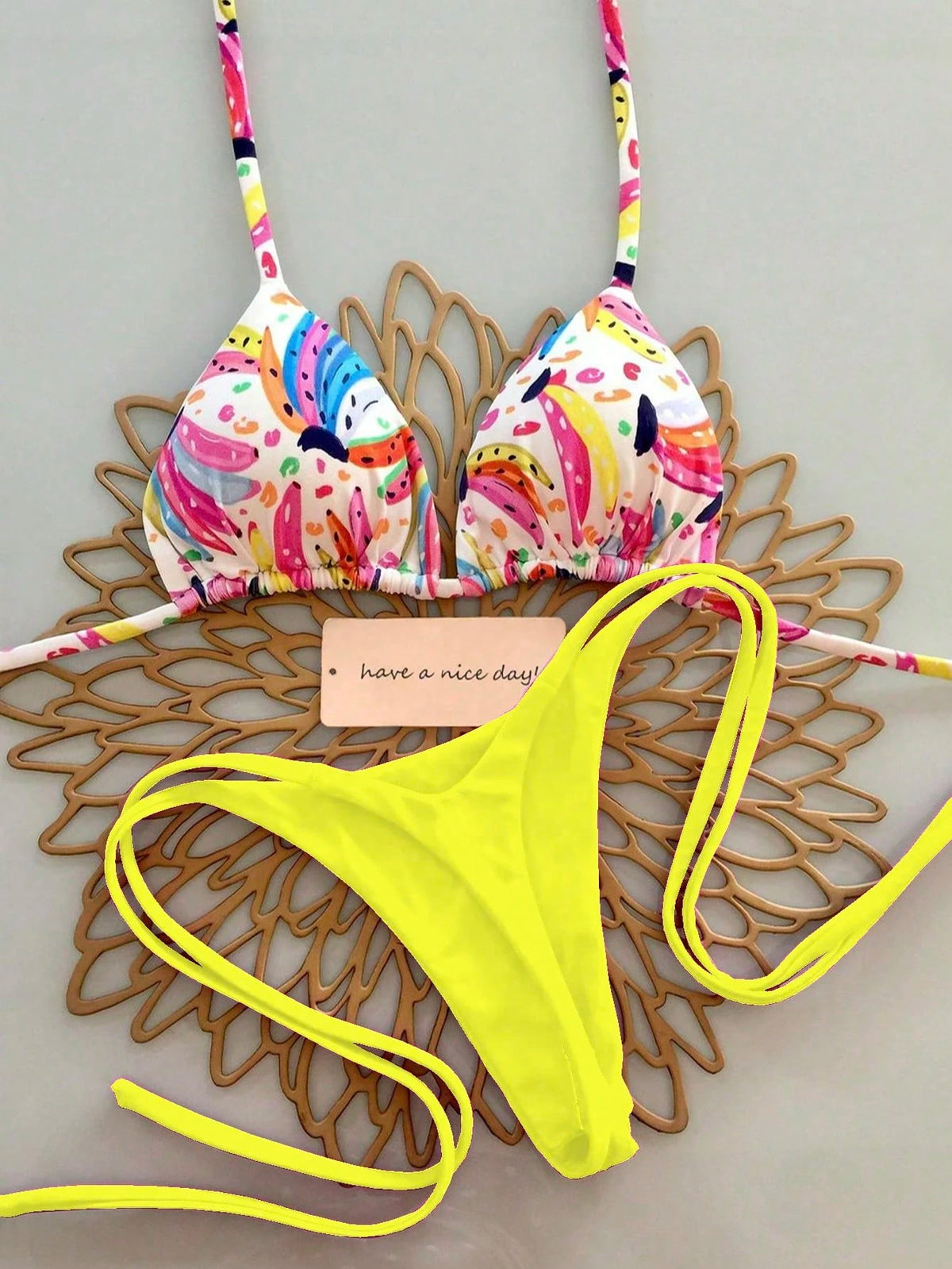 2PCS Women Summer Beach Pattern Print Halter Tie Sexy Thong Bikini Set Vacation