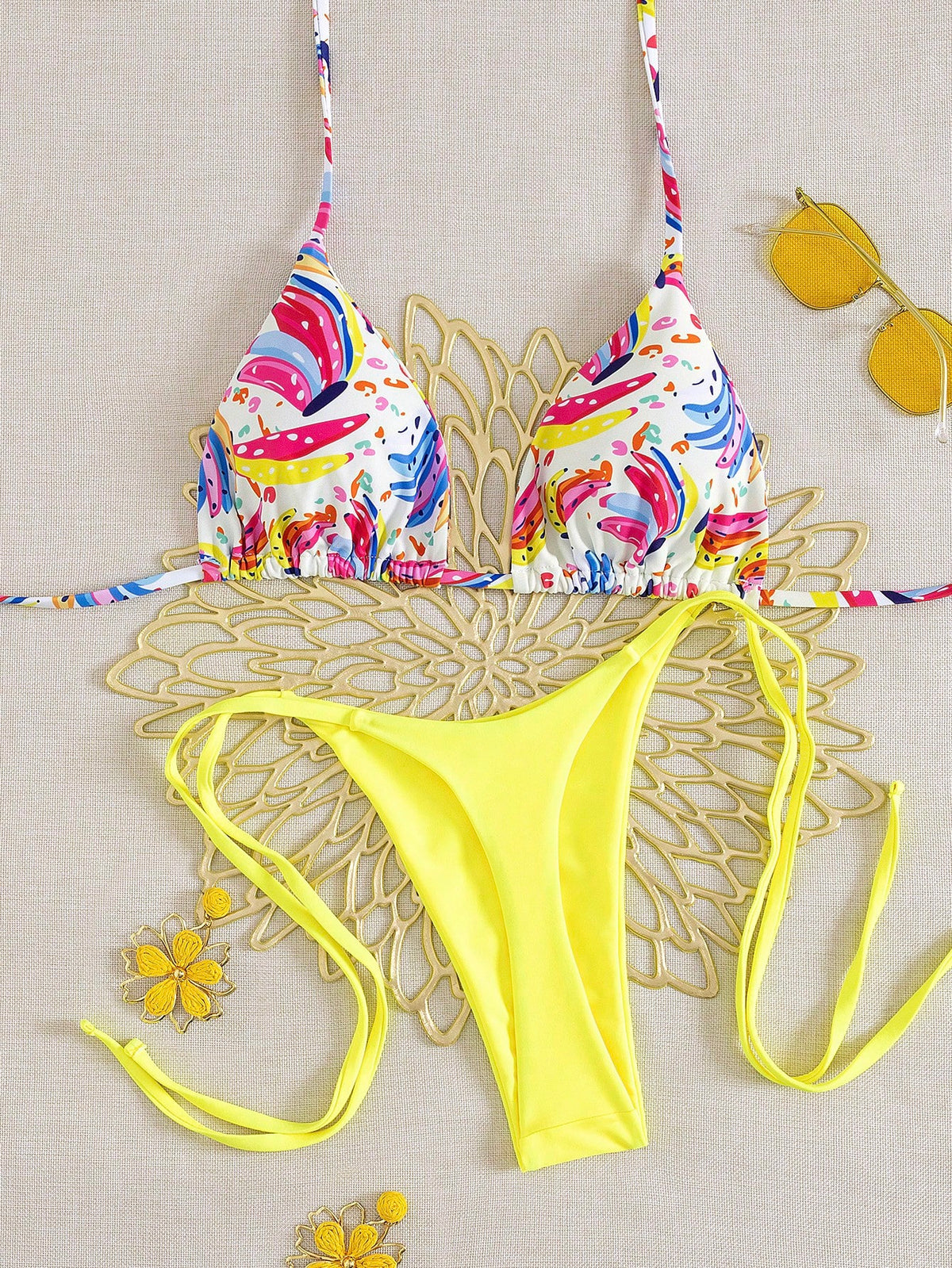 2PCS Women Summer Beach Pattern Print Halter Tie Sexy Thong Bikini Set Vacation