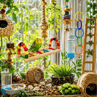 2pcs (Wooden Bird Swing Stand + Colorful Ring Bell) Bird Cage Set, Cage-Hanging Parrot, Suitable For Budgies, Cockatiels, Lovebirds, And Other Small Birds